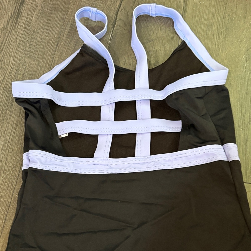 Balera Black One-Piece Leotard with Light Blue Trim Strappy back adult small - Picture 2 of 5